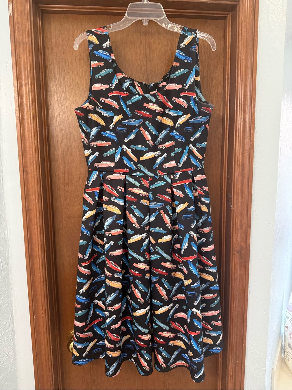 RARE Vintage-Inspired Black Fit & Flare Dress with Colorful Classic Car Print